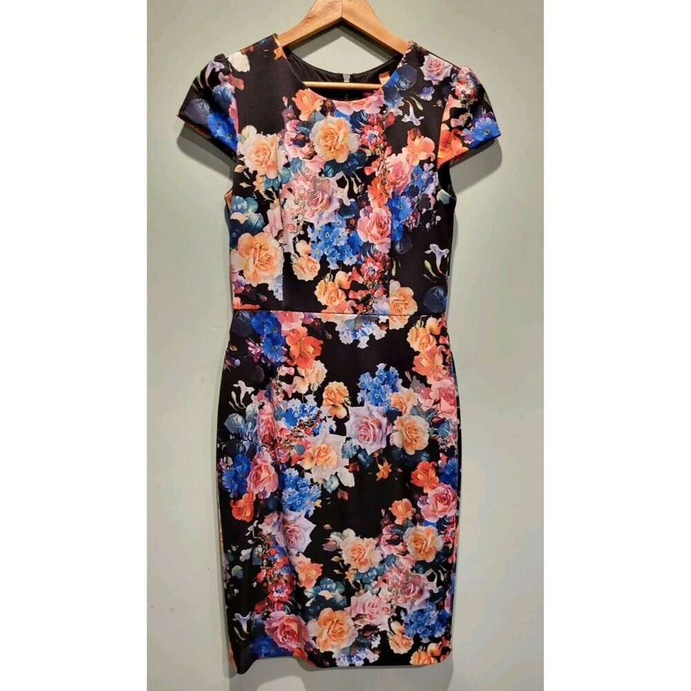 Betsey Johnson Multicolor Floral Cap Sleeve Midi Dress Scuba Lined Sz 6